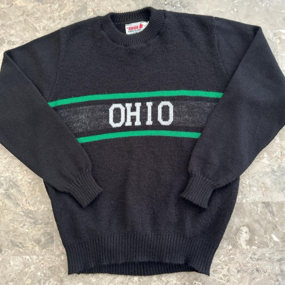 Vintage 1970s Wolf Ohio Collegiate Knit Sweater Black Green 20x24 USA